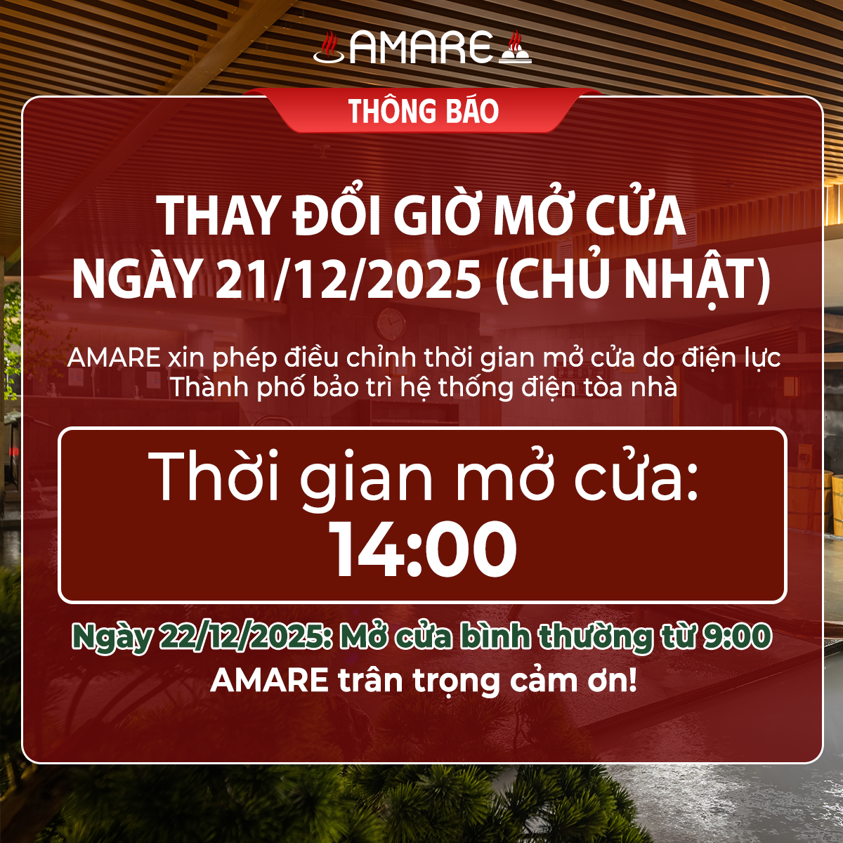 Thông báo thay đổi giờ mở cửa ngày 21/12/2025
