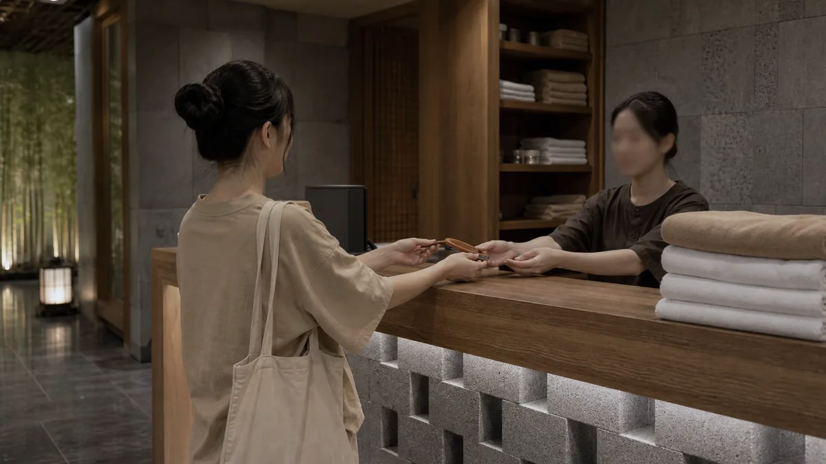 Người mới chuẩn bị check-in và nhận tủ đồ trước khi vào Jjimjilbang