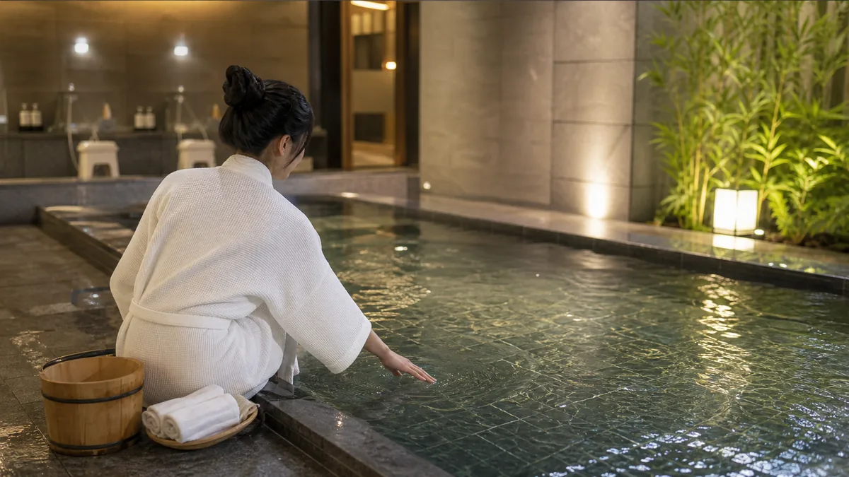 Mé bể khoáng nóng minh họa bước ngâm chân làm quen với Onsen