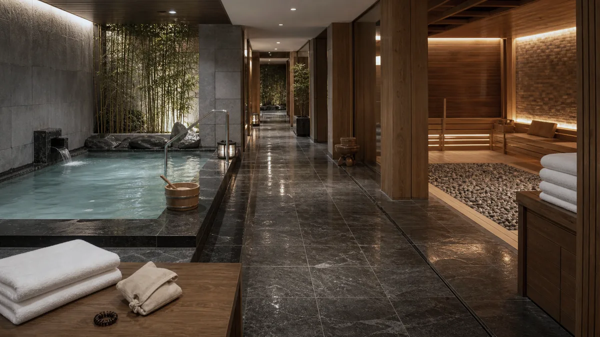 Không gian chuyển tiếp giữa bể Onsen và khu Jjimjilbang tại AMARE