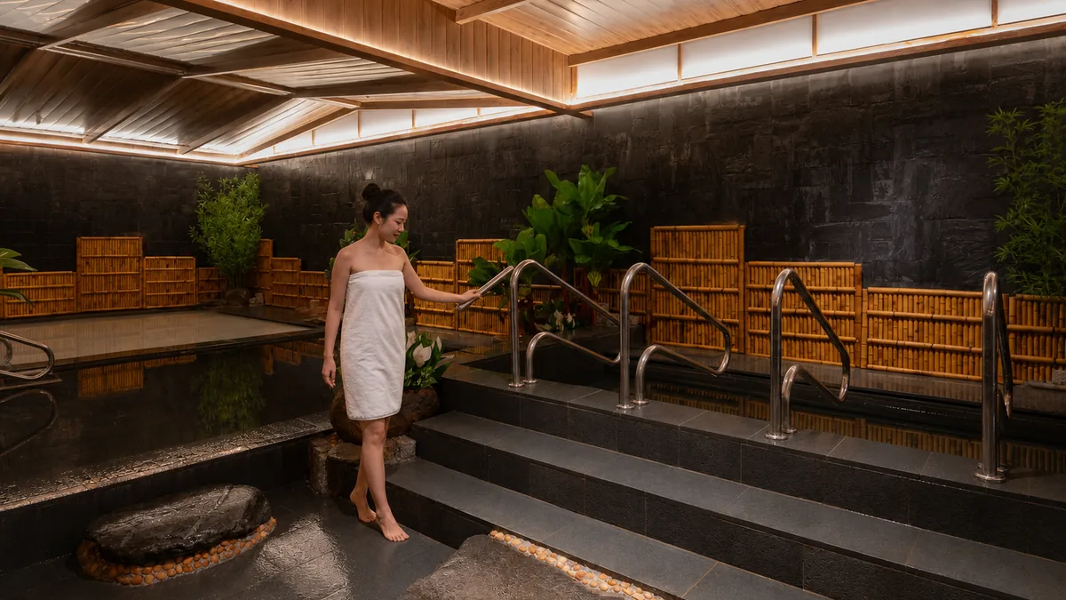 Khách đi chậm và vịn tay vịn bên cạnh các bể Onsen AMARE