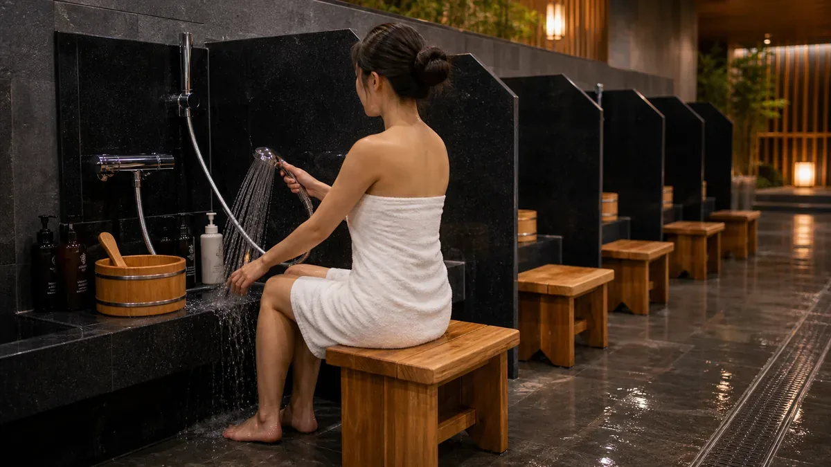 Khu tắm tráng giúp giữ cơ thể sạch trước khi vào bể Onsen