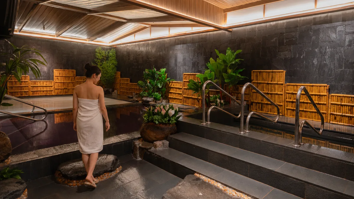 Khách di chuyển nhẹ nhàng bên các bể Onsen trong không gian AMARE