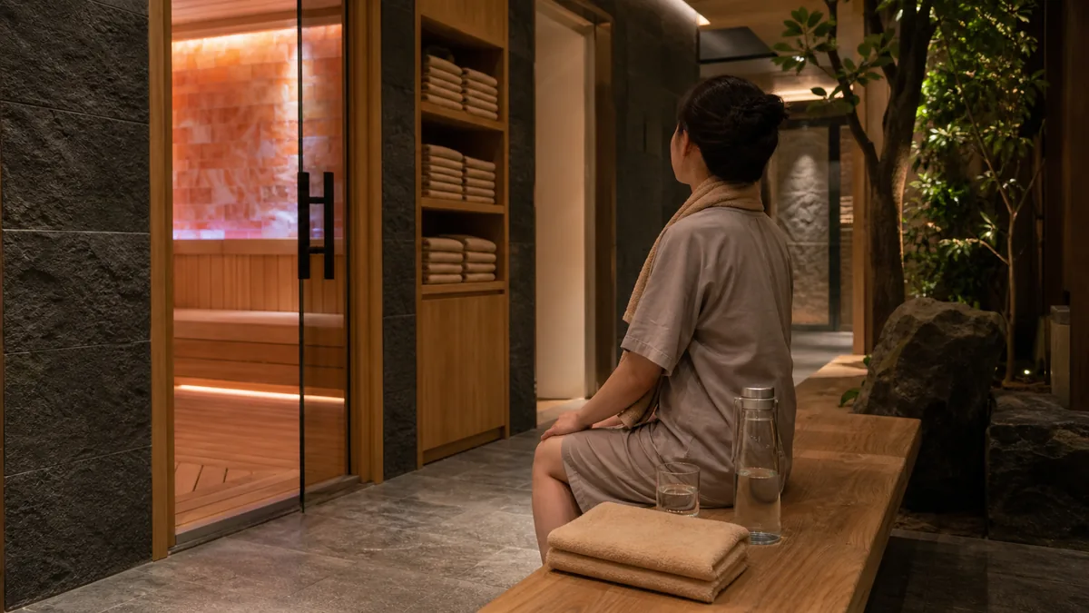 Khách nghỉ và uống nước giữa các lượt xông Jjimjilbang tại AMARE