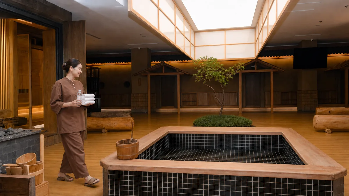 Khách chuẩn bị khăn và nước cho hành trình Onsen kết hợp Jjimjilbang