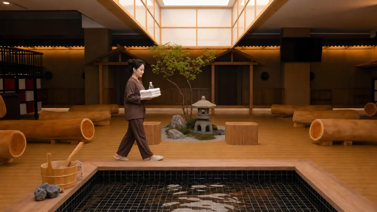 Khách chuẩn bị khăn và nước cho hành trình kết hợp Onsen và Sauna