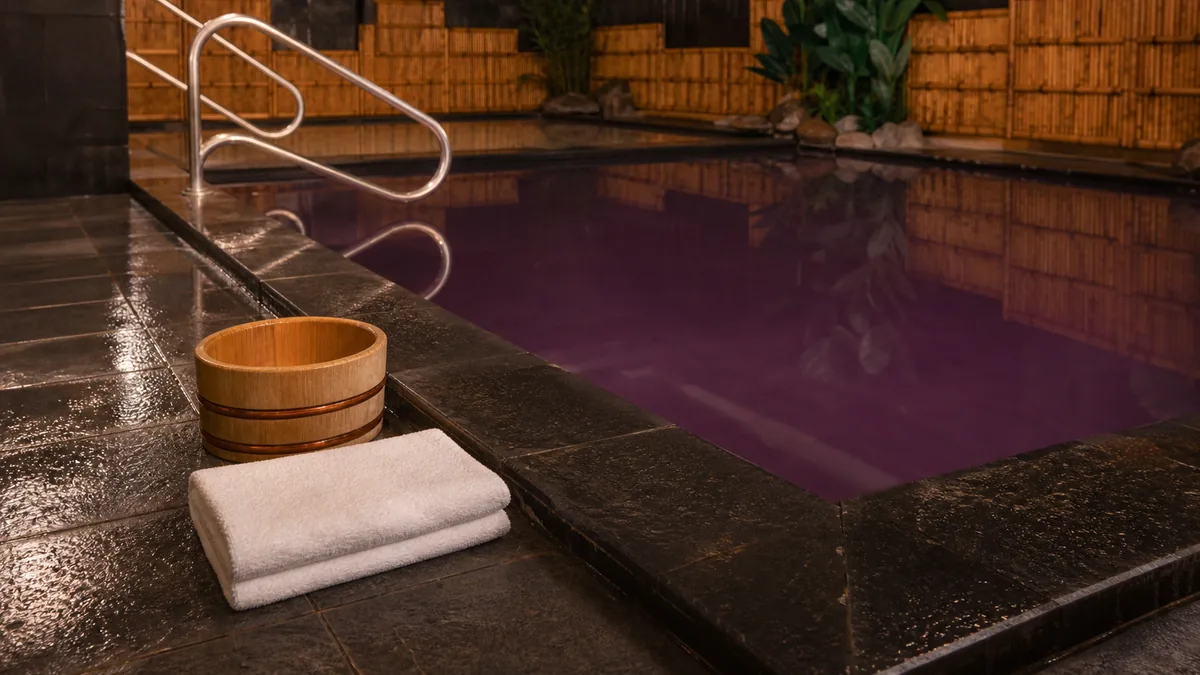 Khăn nhỏ và gáo gỗ được đặt khô bên ngoài bể Onsen AMARE
