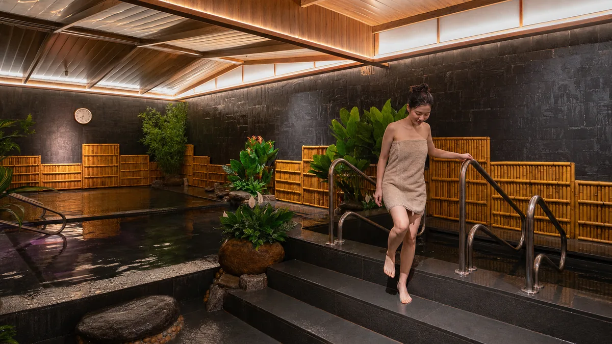 Khách rời bể Onsen sau một lượt ngâm ngắn