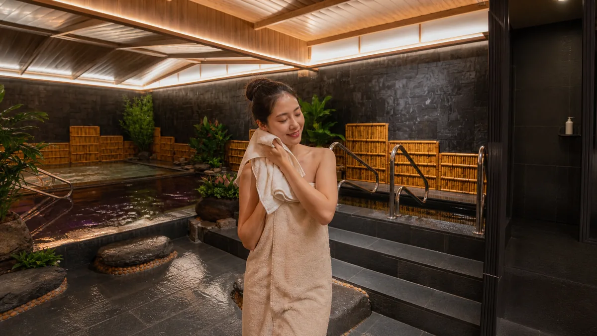 Khách lau khô nhẹ nhàng sau khi rời bể Onsen