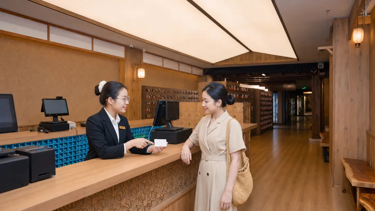 Nhân viên hướng dẫn khách kiểm tra quy định trước khi tắm Onsen