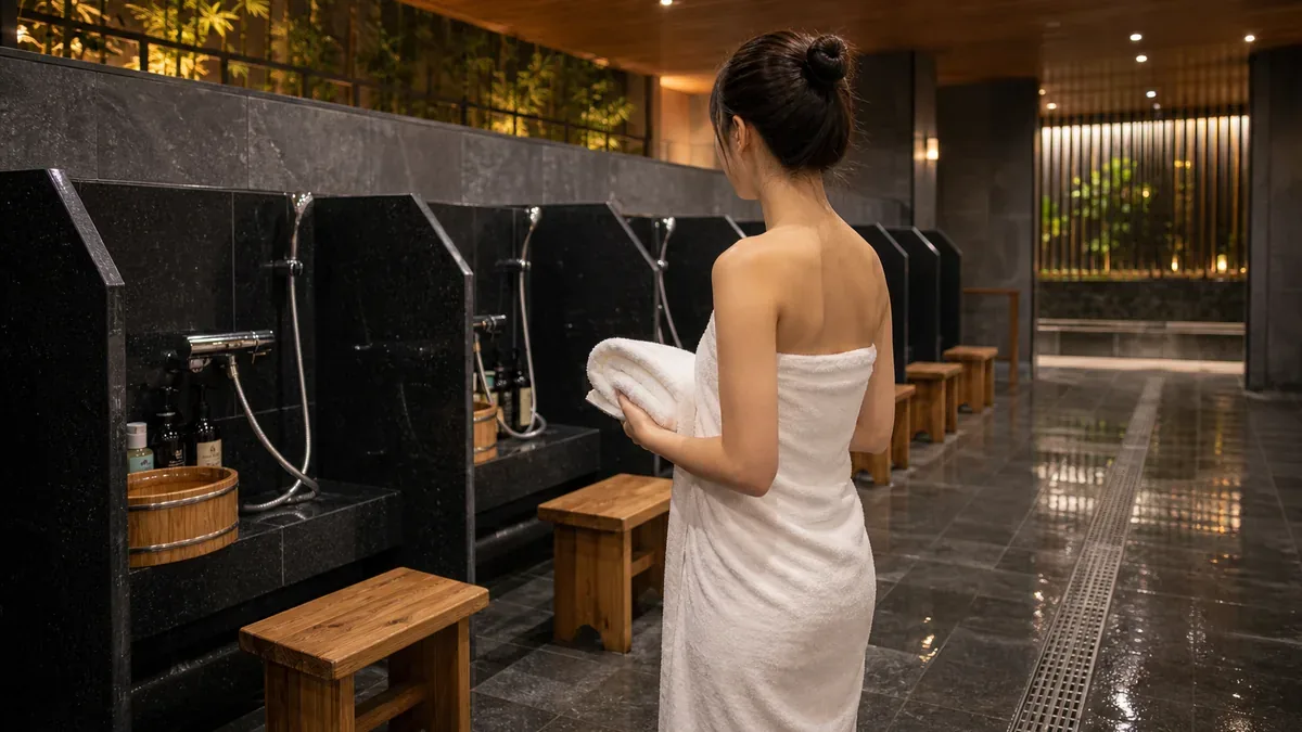 Khăn trắng trong khu tắm nhắc lau khô trước khi về khu thay đồ