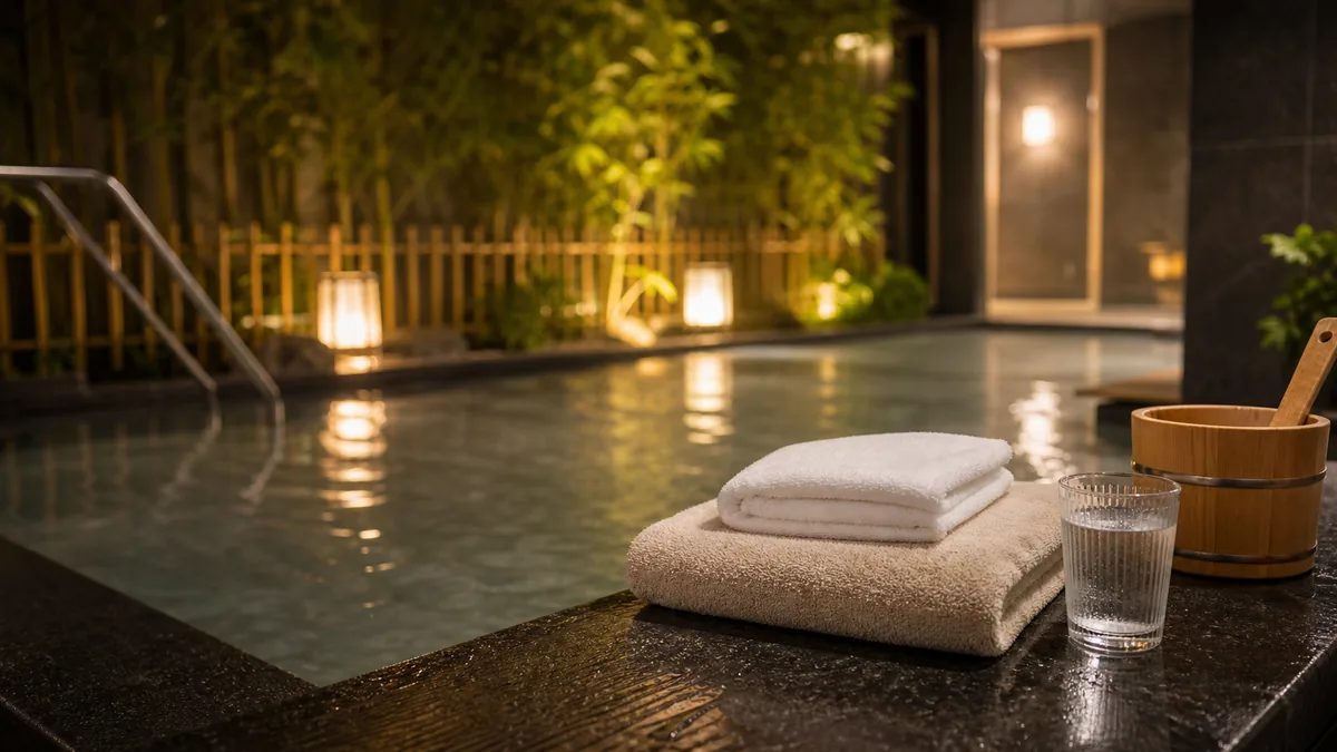 Khăn và nước uống gợi nhắc lưu ý an toàn trước khi tắm Onsen tại AMARE