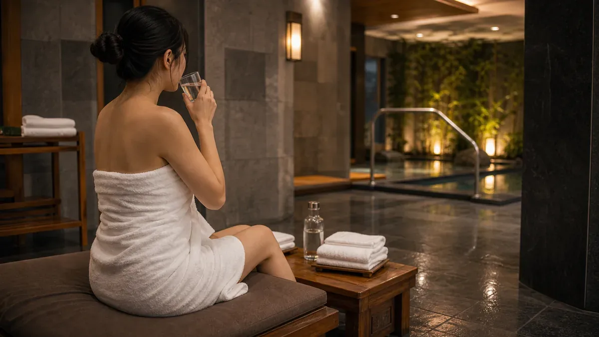 Khách nghỉ và uống nước sau khi tắm Onsen tại AMARE