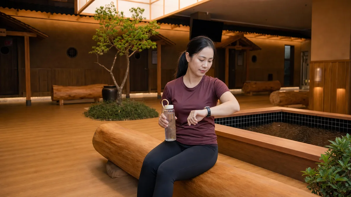Khách nghỉ và uống nước trước khi ngâm Onsen sau tập