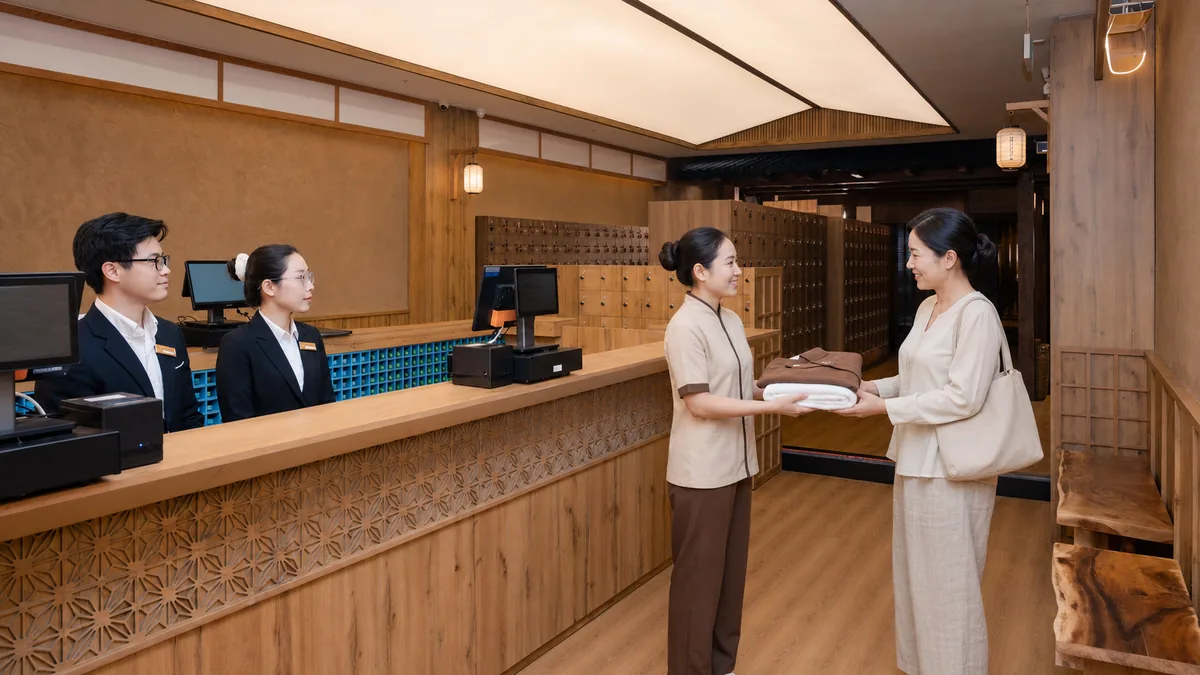 Khách mới nhận khăn và trang phục trước khi trải nghiệm Onsen tại AMARE