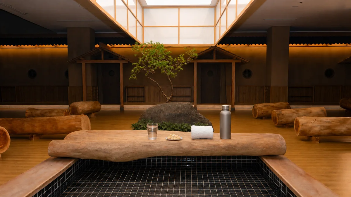 Nước và đồ ăn nhẹ được chuẩn bị trước khi trải nghiệm Onsen