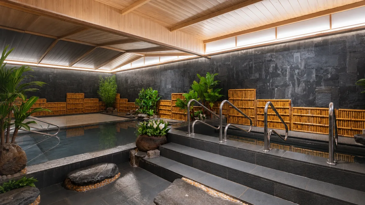 Không gian Onsen AMARE sáng sớm yên tĩnh