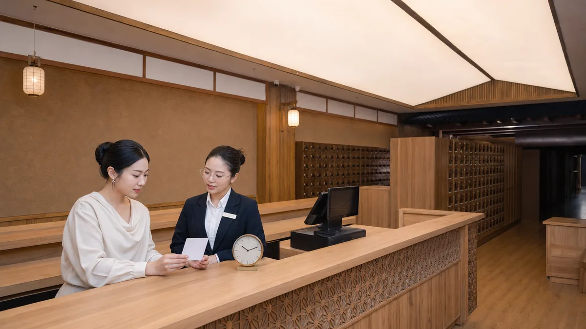 Khách trao đổi với nhân viên về khung giờ trải nghiệm Onsen