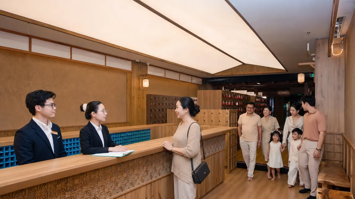 Khách trao đổi với nhân viên về lưu ý an toàn trước khi dùng Onsen