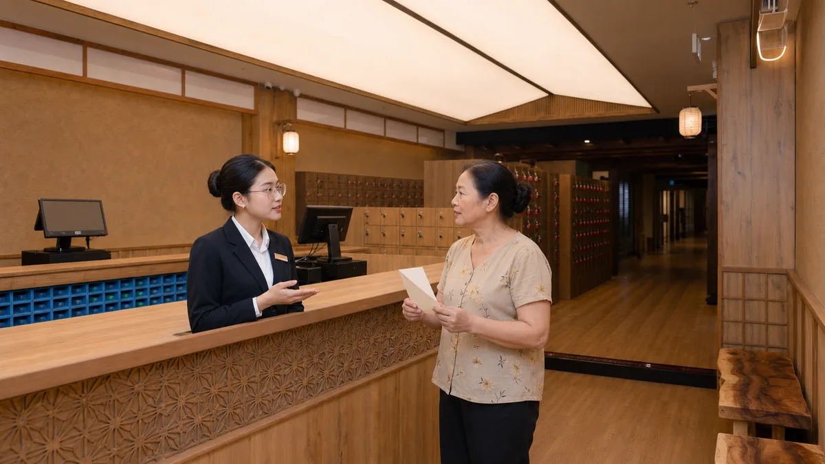 Khách lớn tuổi trao đổi với nhân viên trước khi trải nghiệm Onsen AMARE