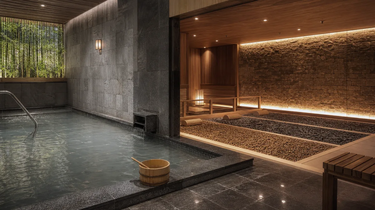 Bể Onsen nước khoáng và phòng Jjimjilbang khô trong cùng không gian so sánh
