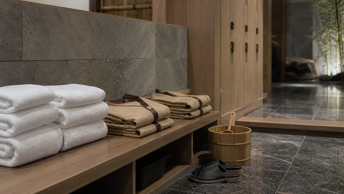 Khăn trắng và áo spa chuẩn bị cho Onsen và Jjimjilbang tại AMARE