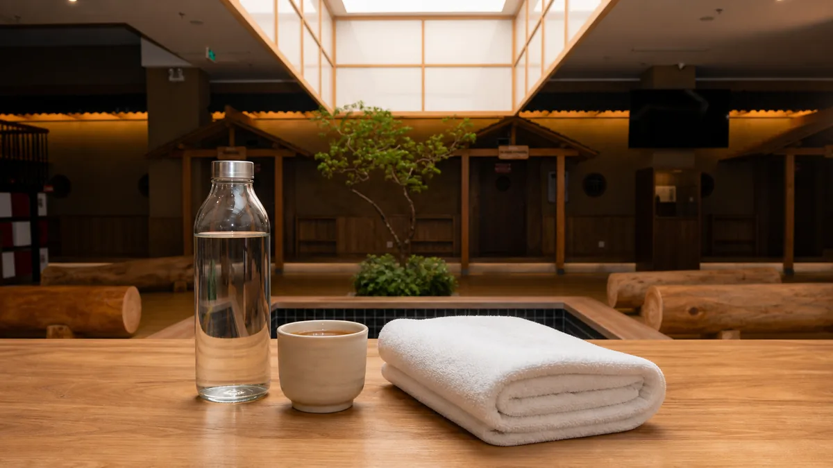Nước lọc và trà ấm đặt trong khu nghỉ trước trải nghiệm Onsen