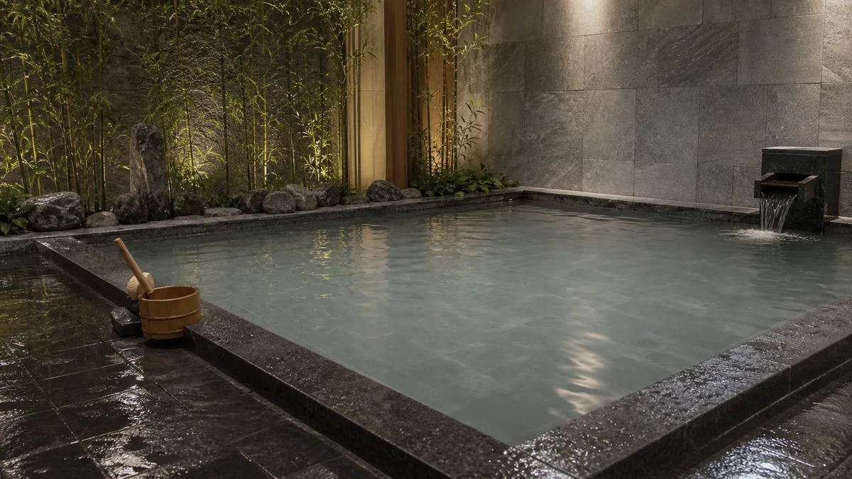 Bể nước khoáng Onsen với đá xám và nước xanh xám tại AMARE