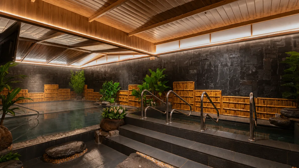 Không gian bể tắm khoáng Onsen với đá, tre và cây xanh tại AMARE