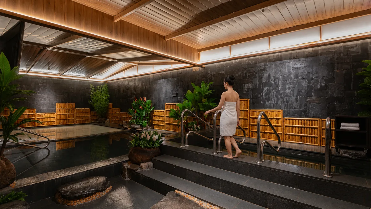Khách đi chậm, búi tóc và giữ khăn ngoài bể Onsen AMARE