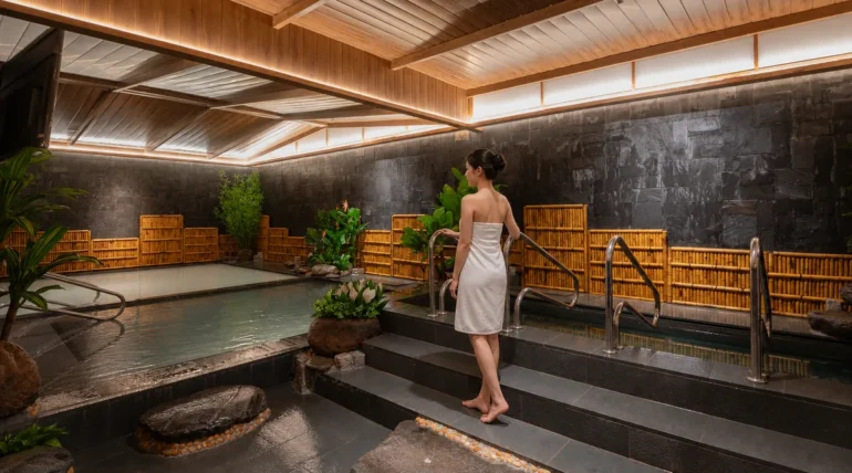 Không gian Onsen AMARE mùa hè với khách chuẩn bị trải nghiệm