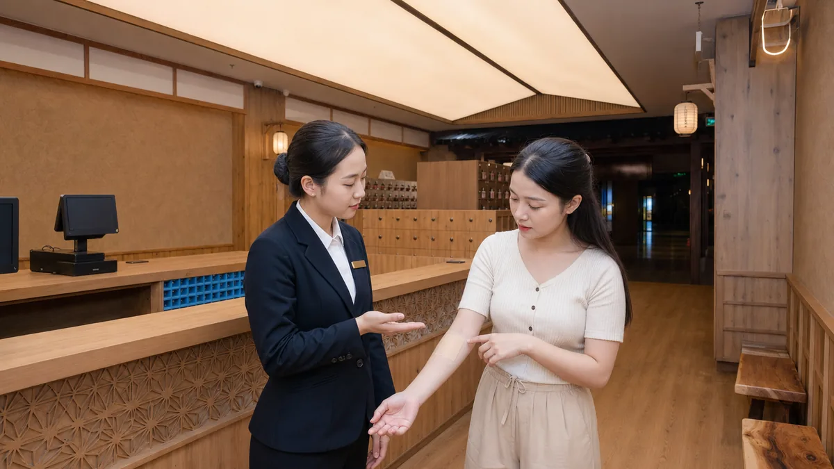 Nhân viên hướng dẫn khách về miếng che hình xăm trước khi tắm Onsen
