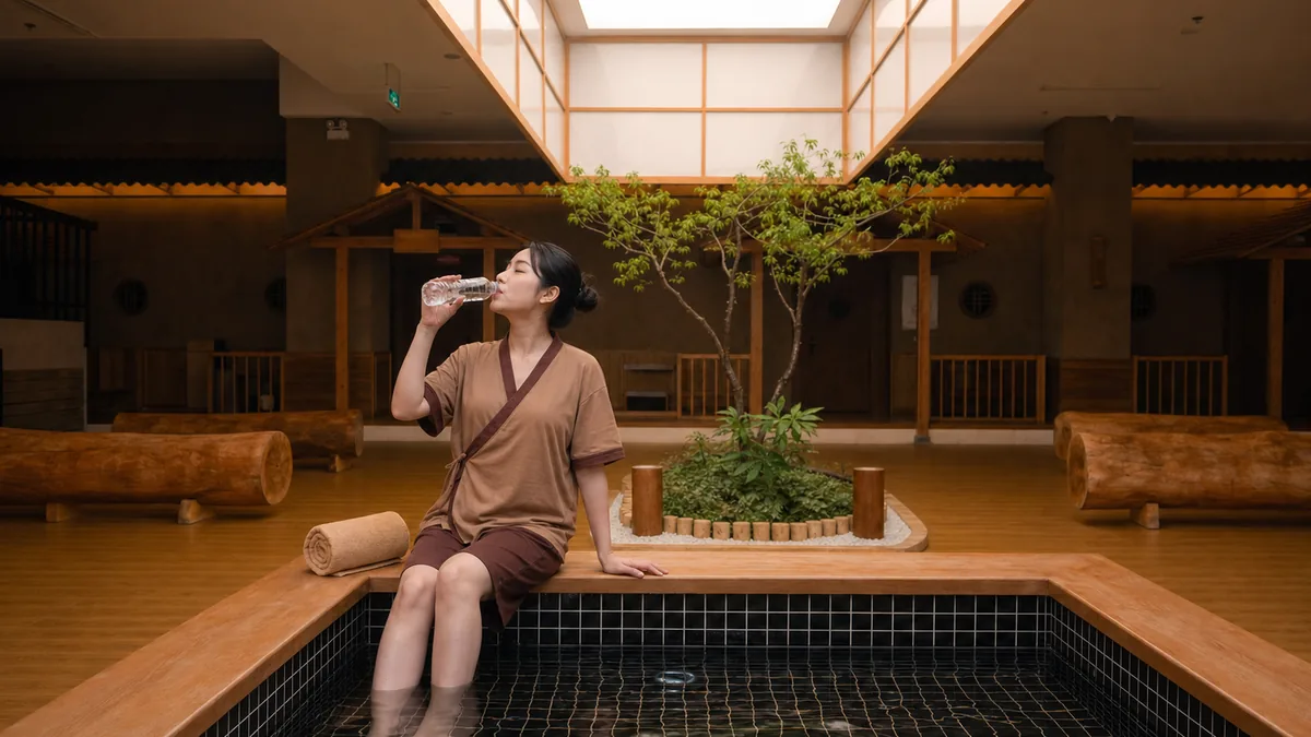 Khách uống nước trong khu nghỉ sau trải nghiệm Onsen tại AMARE