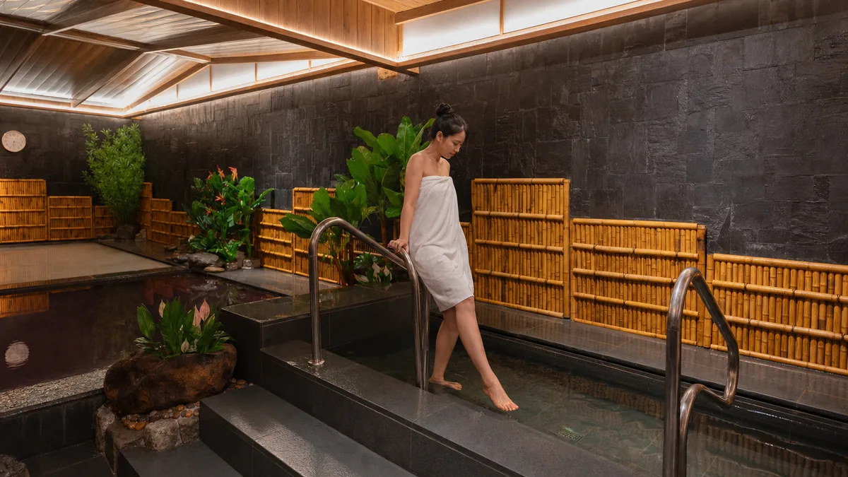 Khách thử nước bể lạnh từ từ trong khu Onsen AMARE