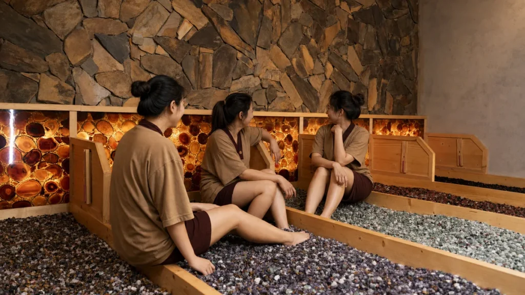 Nhóm khách nghỉ trong phòng Jjimjilbang với nền đá và sỏi tại AMARE