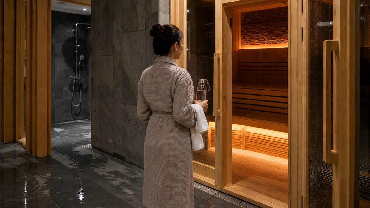 Người mới chuẩn bị nước và khăn trước khi vào phòng sauna tại AMARE