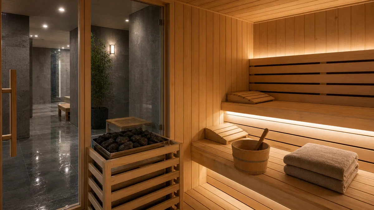 Phòng sauna gỗ ấm áp giúp giải thích cơ chế xông hơi khô tại AMARE