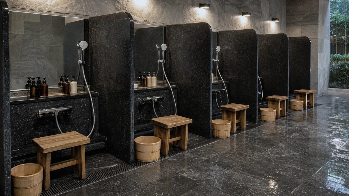 Khu tắm tráng sạch sẽ trước và sau khi ngâm Onsen tại AMARE