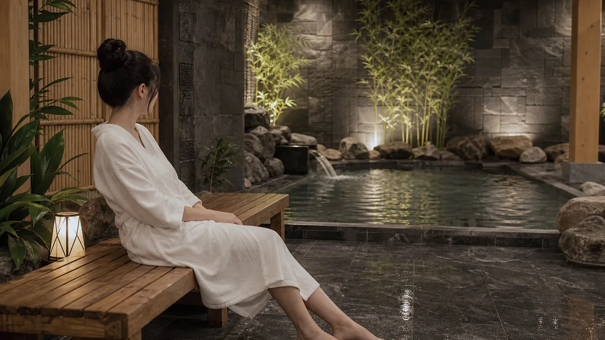 Khách nữ ngâm mình kín đáo trong bể Onsen thư giãn tại AMARE