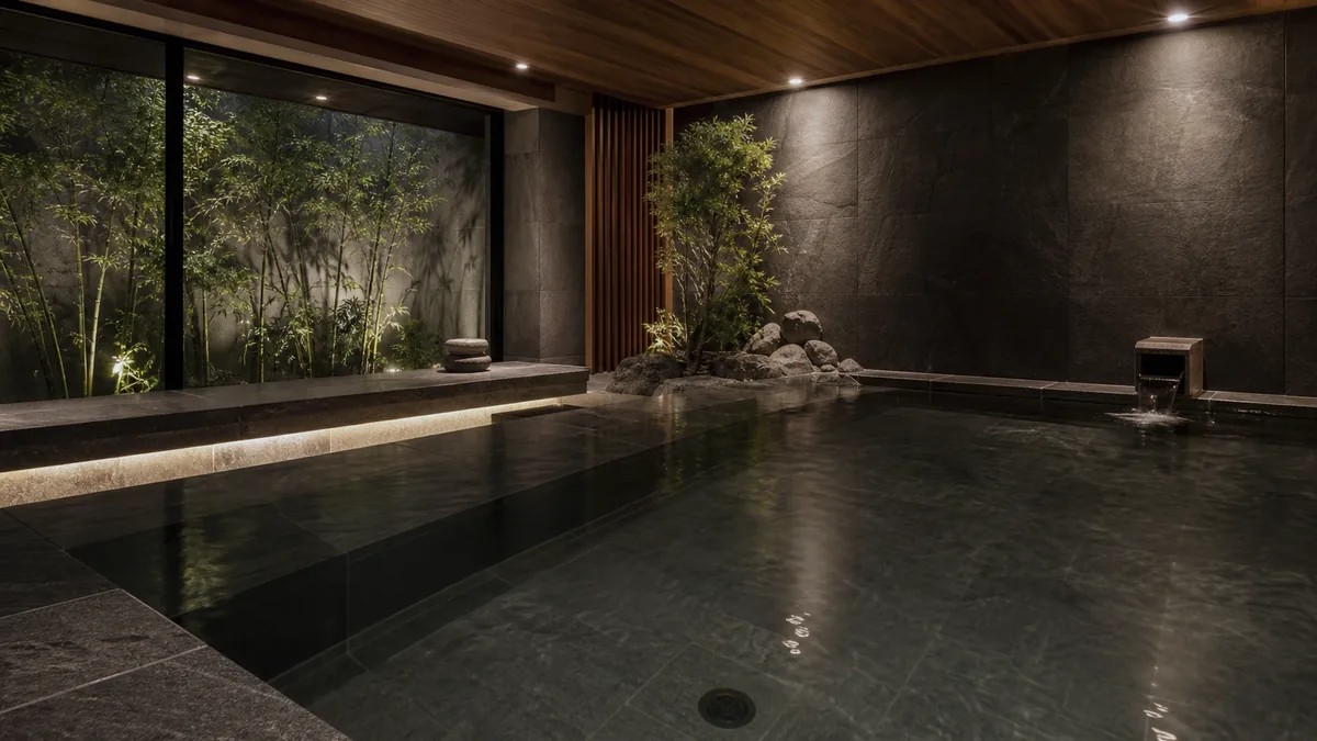 Bể Onsen yên tĩnh với nước ấm và cây xanh tại AMARE