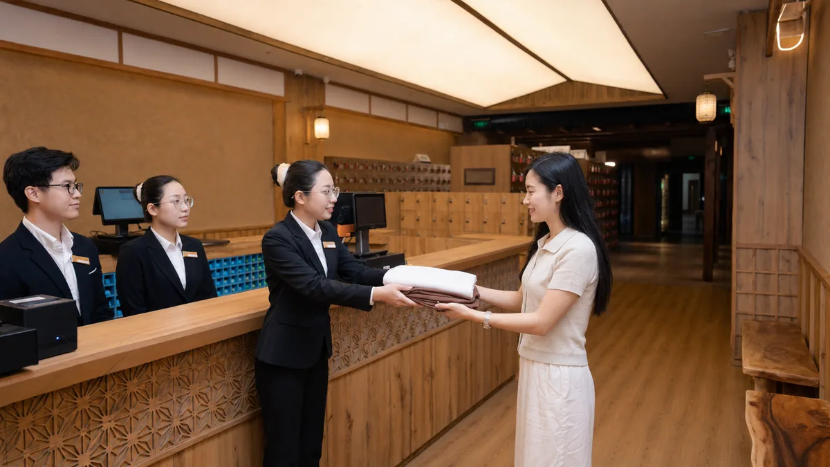 Khách nhận khăn và trang phục trước khi trải nghiệm dịch vụ tại AMARE