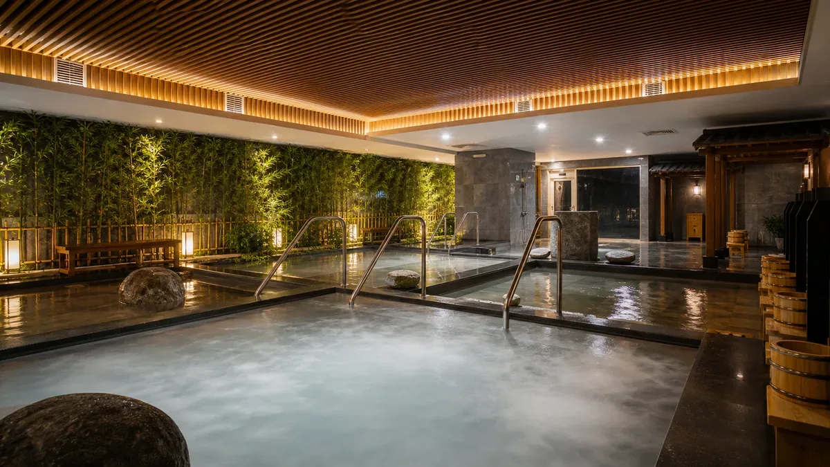 Không gian tắm Onsen tại AMARE cho người mới trải nghiệm quy trình chuẩn Nhật