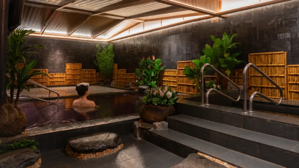 Khách giữ tóc và khăn khô khi ngâm Onsen trong không gian AMARE