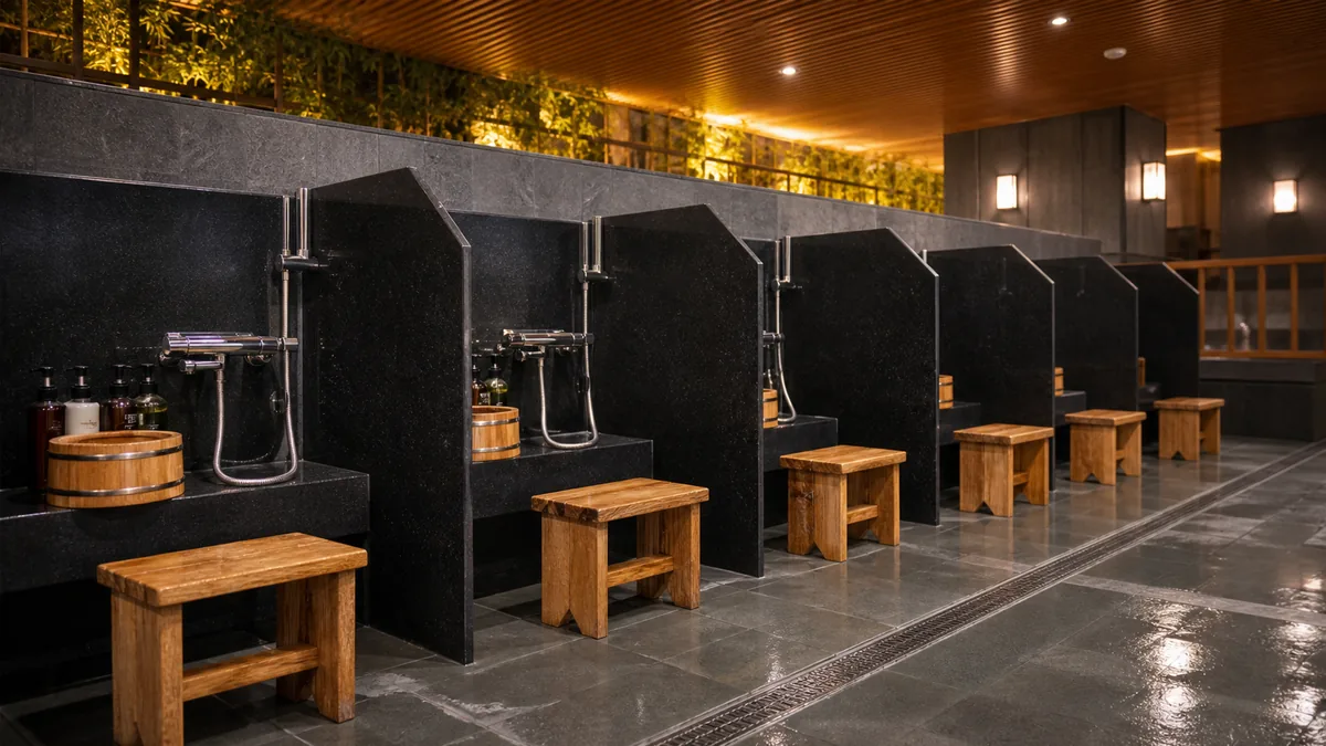 Khu tắm tráng thể hiện văn hóa sạch sẽ trước khi vào Onsen tại AMARE