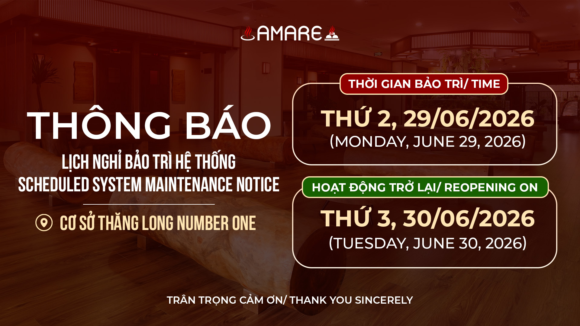 Thông báo lịch nghỉ bảo trì hệ thống ngày 29/06/2026 tại cơ sở Thăng Long Number One