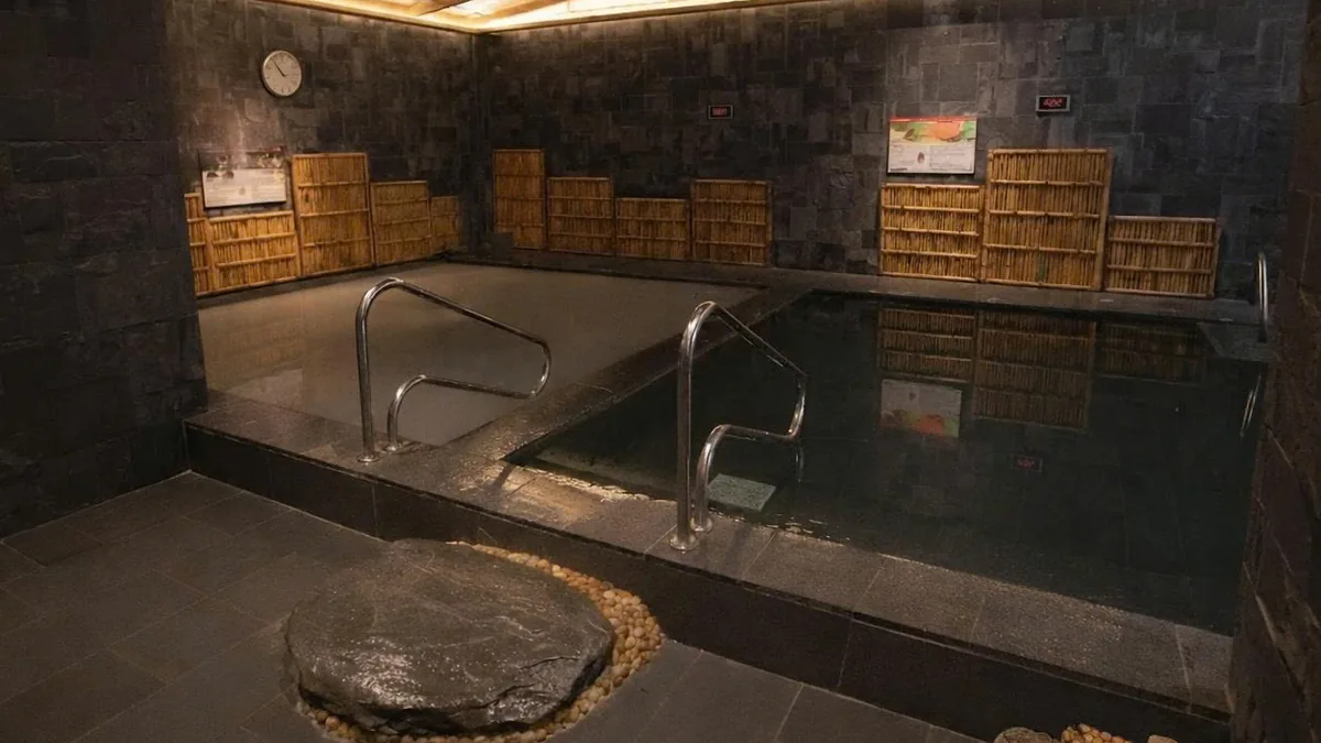 Lối vào bể Onsen AMARE gợi cách xuống Mizuburo từ từ